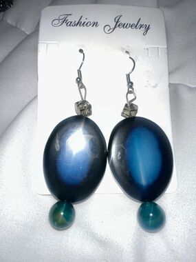 Fashion Jewelry Blue Agate Stone Ombre Oval Drop Earrings with Teal Bead Accent